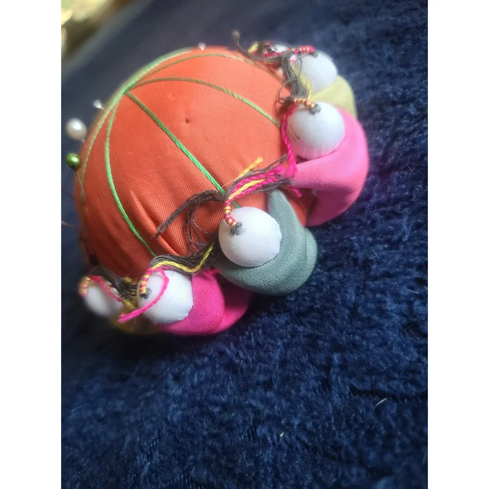 Vintage Chinese Folk Art Pincushion Orange with Colorful Children Figures Pins